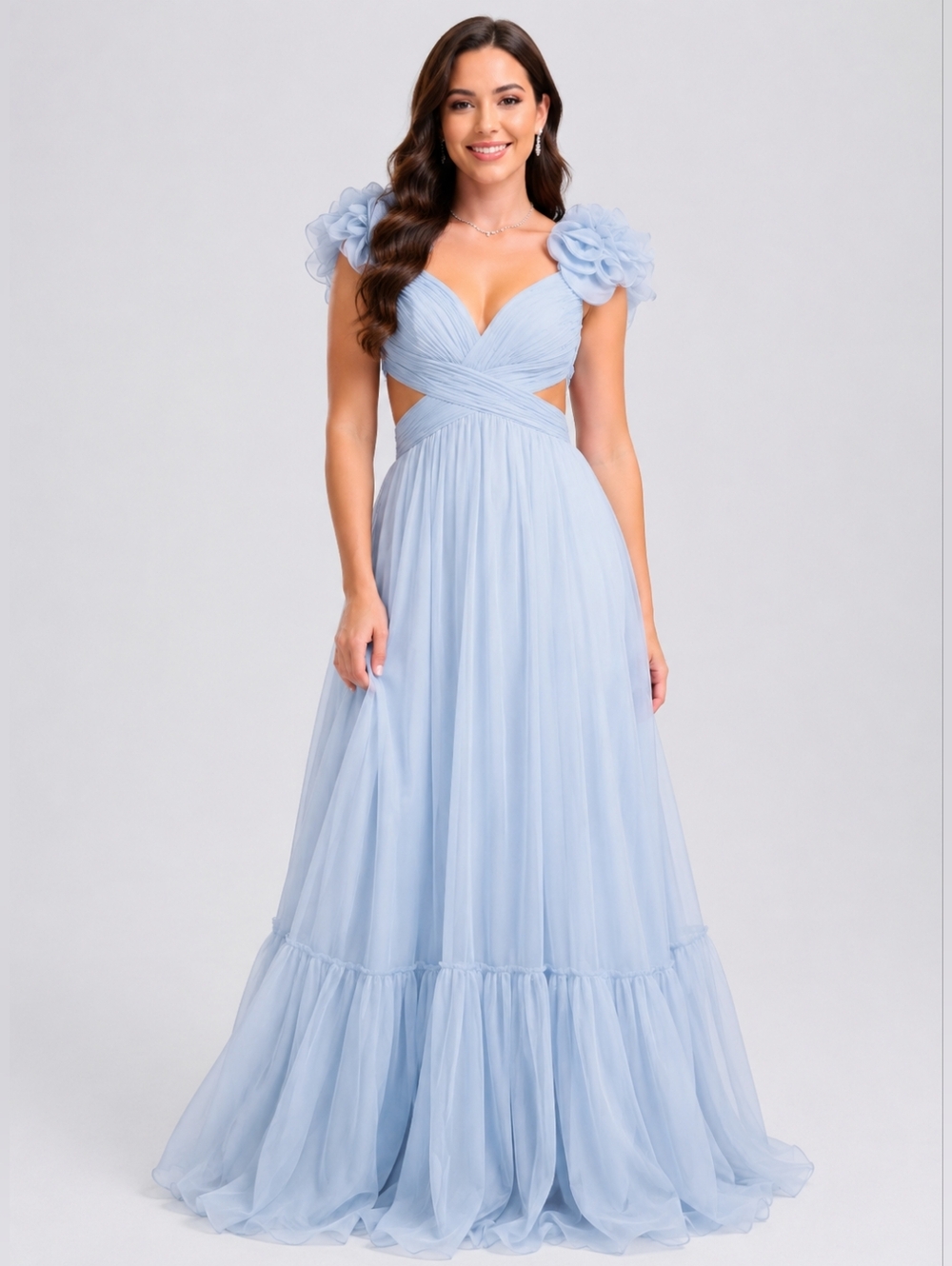 Light Blue Open Back Evening Prom  Dress